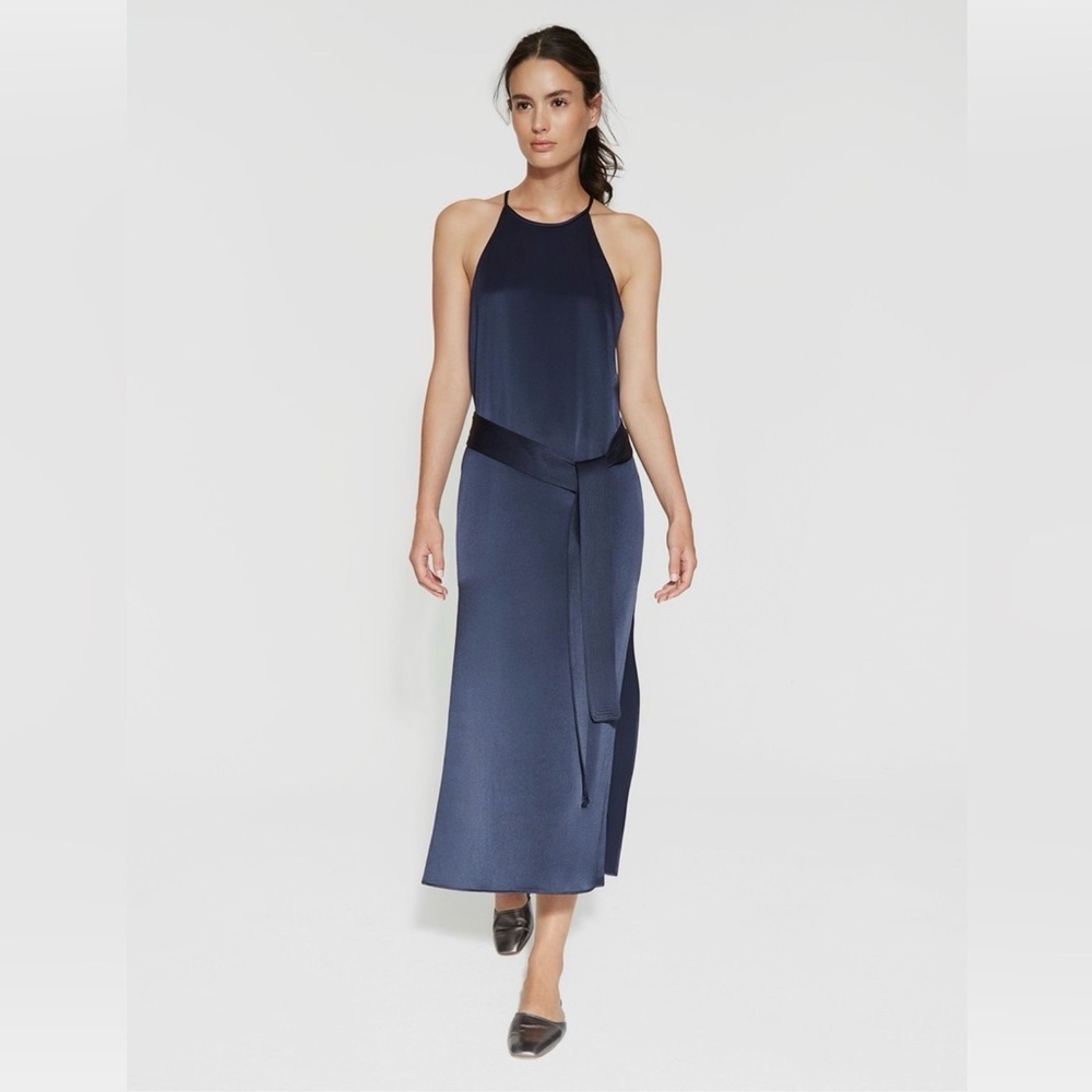 NWT Halston Heritage Navy Halter Midi Slip Dress with Waist Tie